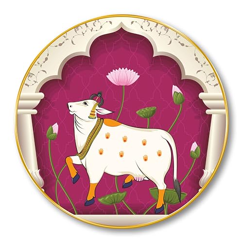Image of SAF Kamdhenu Cow Round Wall Painting - Sacred Indian Art with Lotus Motifs and Temple Arch | Traditional Hindu Religious Wall Decor for Pooja Room, Living Room, Home, Office (23 X 23 Inch) GR-278