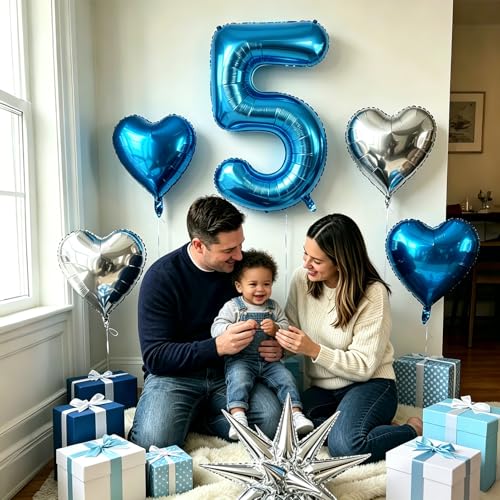 Image of TONIFUL 5th Birthday Balloons Kit 40 Inch Blue Large Number 5 Foil Balloon | with 18Inch Helium Mylar Heart Star Shaped Balloons for Boy Men Birthday Anniversary Graduation New Year Eve Party Decoration