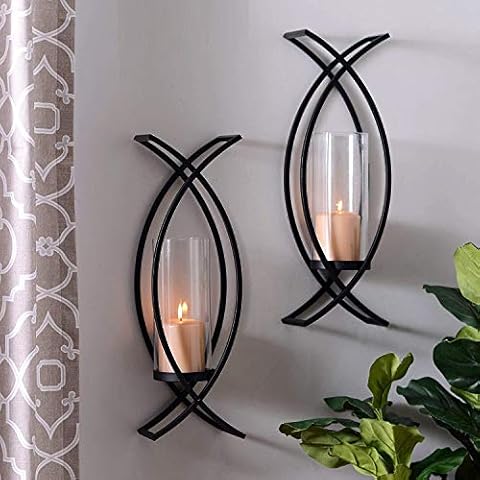 Set of Two Metal Wall Sconces with Glass Inserts Cover