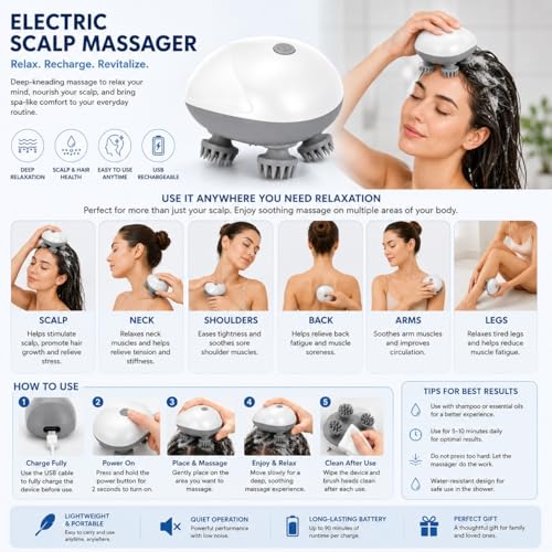 Image of TENS Men Women Electric Scalp Massager, Hair Kneading Massager, Smart Head Massage Scalp with 4 Massage Heads Deep Clean and Stress Relax, Body Massager for Muscles Shoulder Calf
