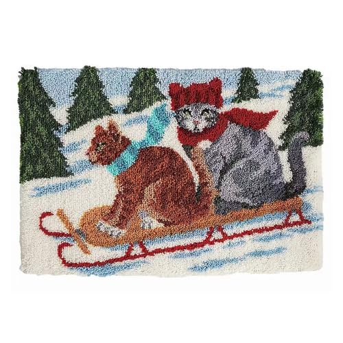 Image of Howie's Latch Hook Kits for Adults, DIYCats-Ski Latch Hook Kit Rug Crochet Yarn, Color Preprinted Pattern Embroidery Decoration(Cats-Ski, 19.69 x 14.96 inch)