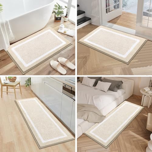 Pauwer Bathroom Rugs Sets 3 Piece Bathroom Shower Rugs with U-Shaped Contour Toilet Mat Absorbent Microfiber Plush Bath Mats Non Slip Bath Rugs Machine Washable Shaggy Bath Floor Mats, Light Beige