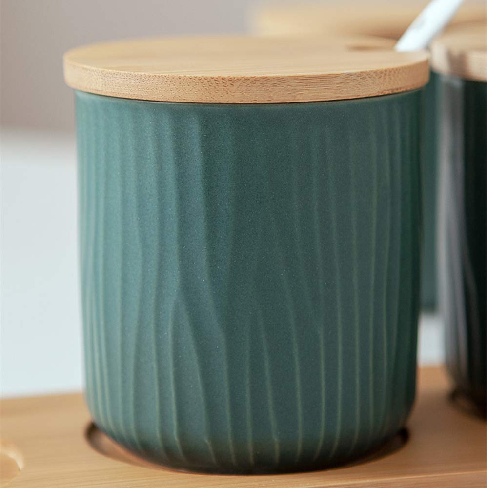 OnePine 300ml Pot à épices Sel Spice Jar condiments boîte Bol à sucre Cuillère en céramique et Couverture de bambou (Gris