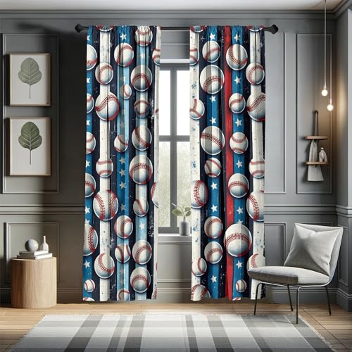 Ambesonne Baseball Window Curtains, 4th of July Theme Traditional USA Stars Stripes Back with Ball Pattern, Lightweight Decorative 2-Panel Set & Rod Pocket, Pair of - 28