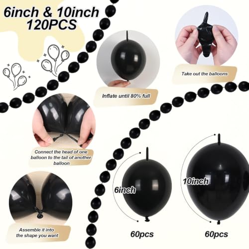 Image of Black Linking Balloons, 120PCS Linked Balloon for Balloon Wall Arch Garland, Quick Link Balloons for Halloween Wedding Birthday Baby Shower Engagement Graduation New Years Party Decorations (6+10inch)