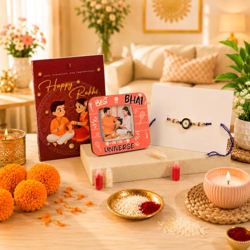Image of Art Street Evil Eye Rakhi Gift Hamper with Personalized Best Bhai Photo Frame, Evil Eye Rakhi, Greeting Card, Roli Chawal & Premium Gift Box | Raksha Bandhan Gift for Brother