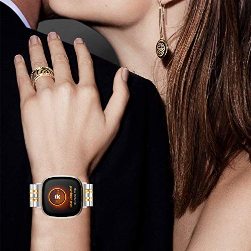 Gimartuk Compatible with Fitbit Versa 3/Fit bit Sense Strap for Women Men Solid Stainless Steel Versa 3 Band Replacement Strap Wristband Metal Band Bracelet for Sense Small Large (Silver+Gold) - Image 4