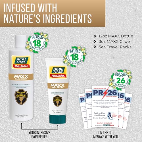 Image of Real Time Pain Relief MAXX Value Pack: 12oz MAXX Bottle, 3oz MAXX with Arnica & Menthol and 5 PR-26 Travel Packs for Soothing Discomfort in Hands, Feet, Back, Knees, Muscles & Joints