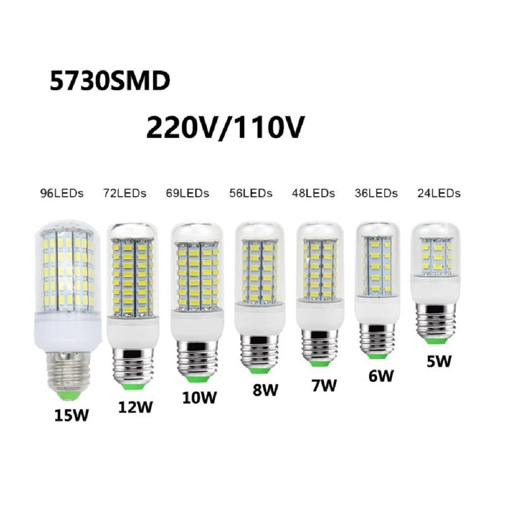 KJXP Lighting, Lot de 10, LED maïs lumière AC220V E27 SMD5730-24/36/48/56/69/72/96LEDs 5w/6w/7w/8w/10w/12w/15w lampe à coque transparente(Warm White,15w)