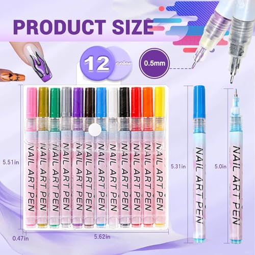 Image of 12 Color Nail Art Pens, 0.5 MM 3D Nail Polish Pens Set Drawing Painting Point Liner Acrylic Painted Pen Kit, Waterproof and Quick-drying Nail for DIY Nails Art Design Manicure Tools