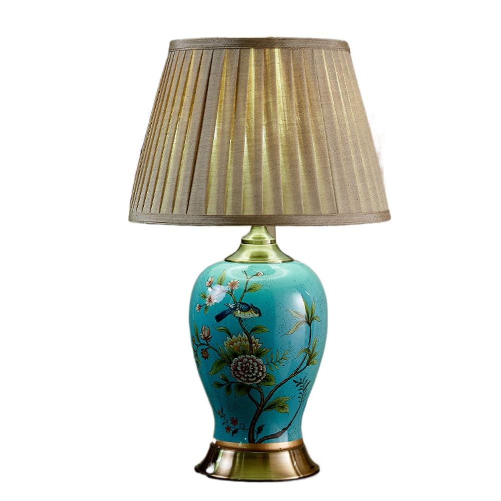 SGKOMN 22.8”American Flower And Bird Ceramic Table Lamp, Hand-Painted Chinoiserie Lamp, Fabric Lampshade Nightstand Lamp For Bedroom Living Room Office College Bookcase-E