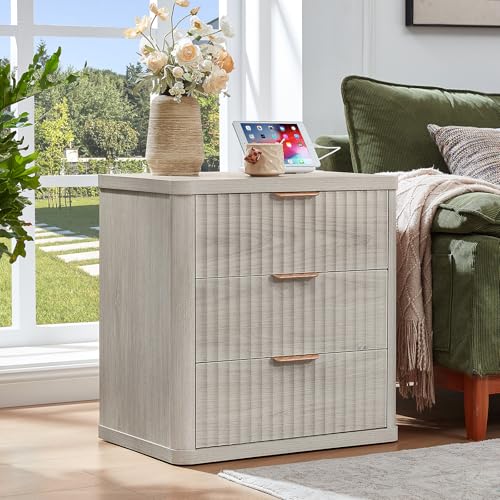 Image of LEYAOYAO 23 inch Wide Fluted Night Stand with Charging Station, 3 Drawers Large End Table with Storage, LightGrey Nightstand Wood Bedside Tables, Farmhouse Cabinet Dresser for Bedroom, Closet