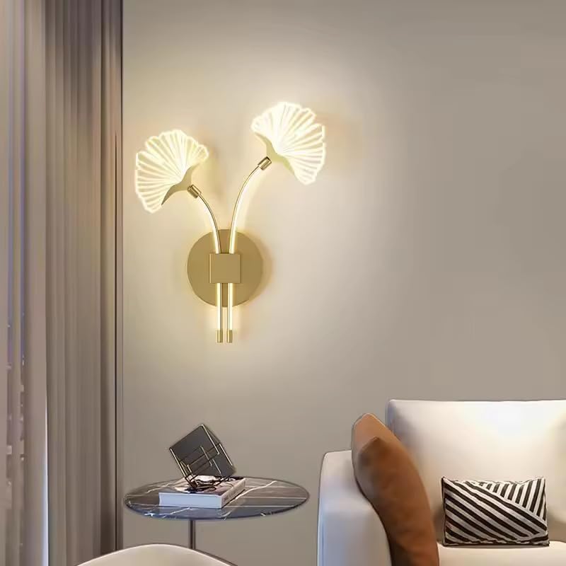 Image of Modern LED Wall Sconce Light, Dual Ginkgo Leaf Design, Metal Base with Three Colour Illumination (Warm White, Natural White, Cool White), Indoor Decorative Lighting|Gold