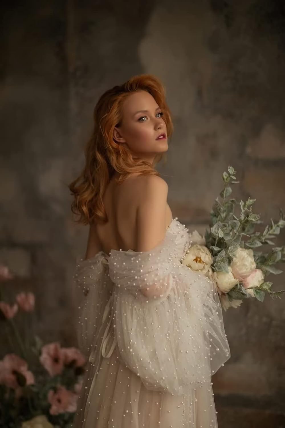 Pearl Tulle Maternity Dress for Photoshoot Long Puffy Sleeve Pregnancy Gowns Off Shoulder Baby Shower Dress - Image 4