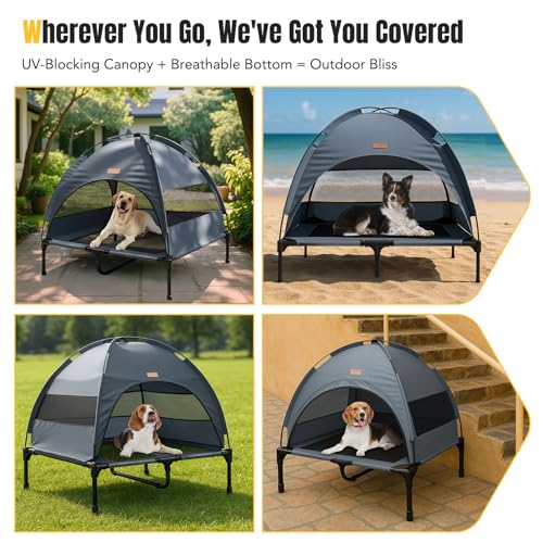 Lekespring Hundeliege Outdoor mit Dach & Erhöht Design - Atmungsaktive & wasserdichte Hundebett Outdoor, Hundeliege mit Sonnenschutz für Camping, Park & Indoor, Leicht & Tragbar, Grau