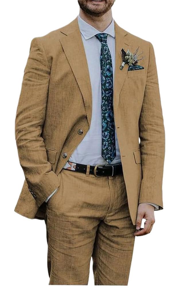 Botong Linen Suit for Men 2 PC Notch Lapel Summer Wedding Tuxedos Lightweight Prom Party Suit Khaki 44 Chest / 38 Waist
