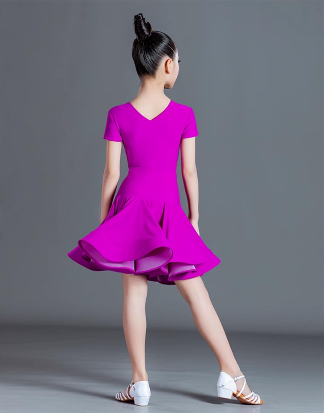 OTMYIGO Vestido latino de manga larga para niñas, vestido de leotardo de salón de baile, vestido de baile latino, vestido de bailarina, competición de baile