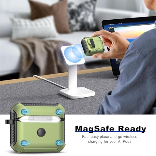 Image of RFUNGUANGO AirPods 3 Case with Lock Magnetic Lid Phone Stand, Olive Green