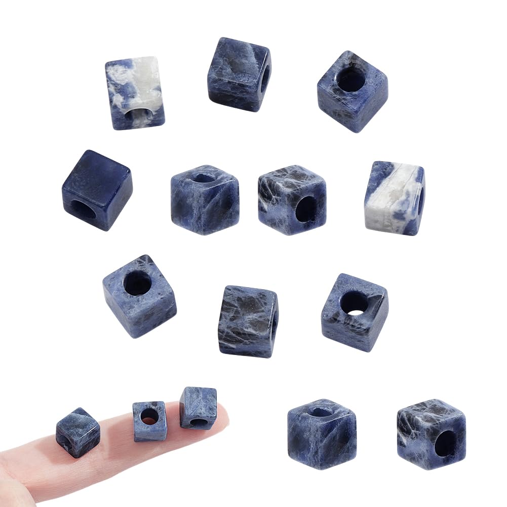 NBEADS 12 Pcs Natural Sodalite Square Stone Beads, 10mm Square Shape European Stone Beads Large Hole Stone Cube Beads Loose Gemstone Beads for Jewelry Making Crafting, Hole: 4.5~5mm