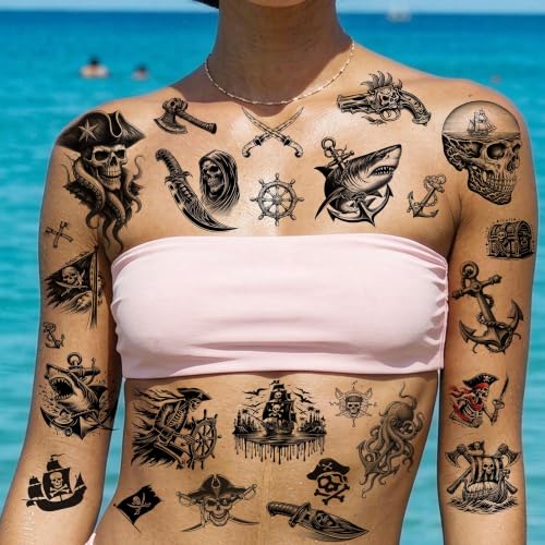Image of VANTATY 50+ PCS 6 Sheets Skull Pirate Captain Temporary Tattoos For Men Women Adults Arm Hand Body Tattoo Sticker, Realistic Pirate Ship Sailboat Anchor Compass Fake Tattoos Halloween Costume Tatoos
