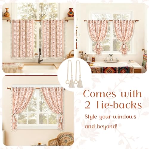 Image of Yinhua Boho Kitchen Curtains 36 Inch Length Vintage Linen Cafe Curtains Light Filtering Bohemian Floral Tier Rod Pocket Farmhouse Rustic Tassel Small Drapes with Tiebacks, 2 Panels, White Orange