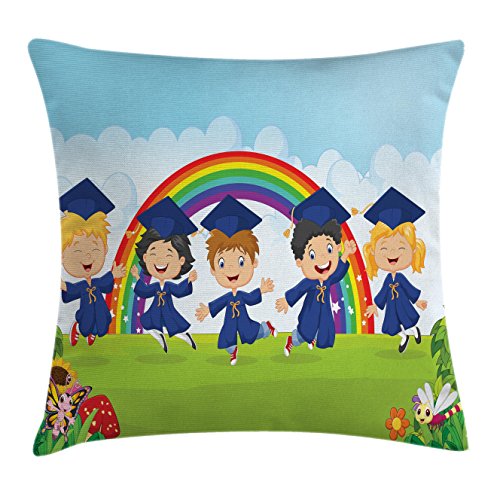 Lunarable Graduation Throw Pillow Cushion Cover, Happy Little Jumping on The Meadow in Front of Rainbow Cartoon Art, Decorative Square Accent Pillow Case, 36