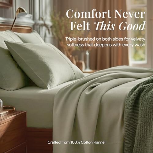 Image of Tribeca Living Queen Cotton Flannel Flat Sheet Only 170-GSM - Oversized 112 x 106 Inch Dimensions for Generous Bed Coverage - Soft Breathable Bedding in Green