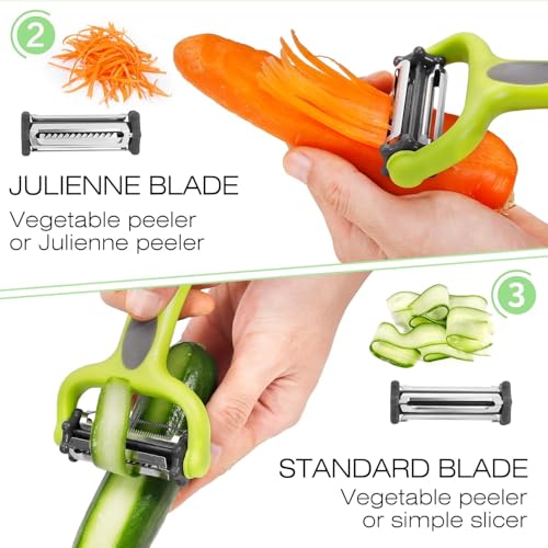 Image of Panchhi Store 3 in 1 Multifunction Peeler Vegetable Fruit Tool with Stainless Steel Blades Julienne Serrated Straight Cutter Ergonomic Handle Kitchen Peeler for Salad Potato Carrot Cucumber