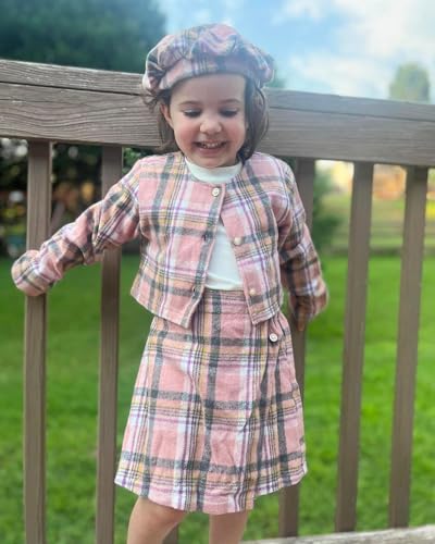 Image of HINTINA Toddler Girl 4 Pieces Outfits Ruffles Long Sleeve Tops Plaid Skirt Jacket And Hat Fall Winter Clothes Set
