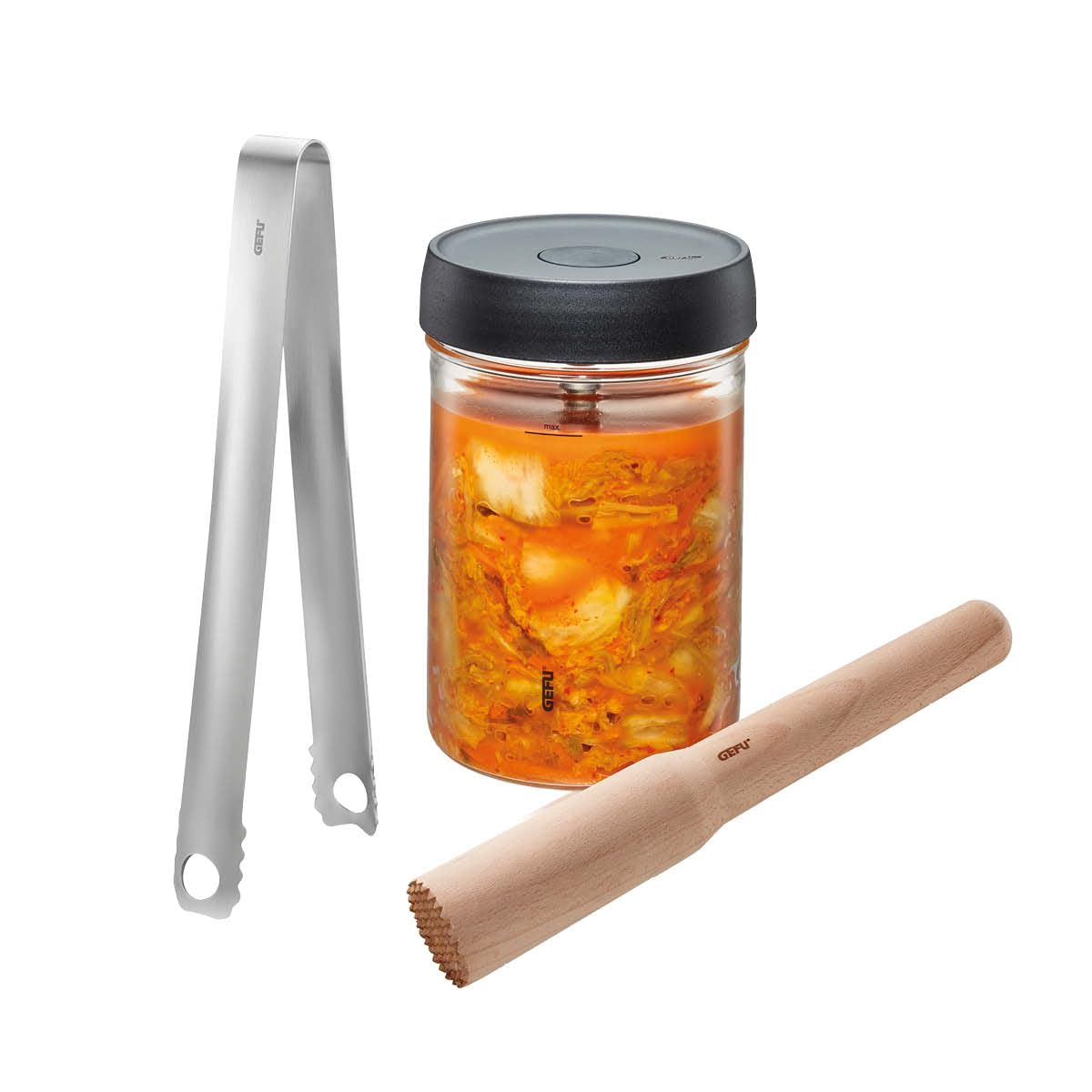 GEFU Fermentierset NATIVO 4-tlg., inkl. 1 Liter Fermentationsglas mit Beschwerungsgewicht, Stößel und Zange - Fermentierglas mit Deckel zum Einlegen