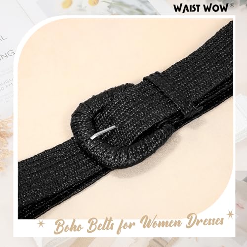 Image of Straw Woven Elastic Belt for Women Stretchy Belts for Dress Fashion Boho Waist Belt Rattan Raffia Ladies Belts