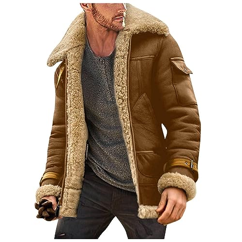 XDFVC Sherpa Lined Leather Jacket Men Suede Shearling Lapel Casual Vintage Overcoat Thicken Winter Thermal Work Cargo Coats