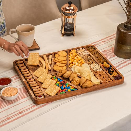 Image of Spread Serving Platter - Handcrafted Acacia Wood Platter with Sections - Rectangular Serving Board for Cheese, Fruits & Appetizers (16x8x0.59 inches)