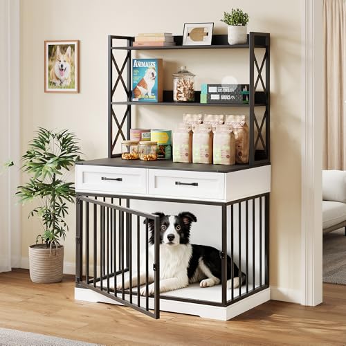 GRYPQROH 4265.4 Dog Cage Cabinet Furniture Crates with Storage Drawers & Shelves Wooden House Indoor for Medium Dogs. Modern White&Black