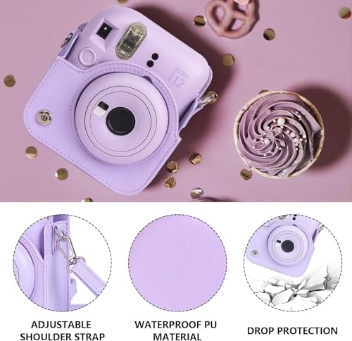 Image of Breatoi PU Leather Camera Case for Mini 12 - Rainproof, Soft, and Stylish in Lilac Purple with Adjustable Shoulder Strap (Camera not Included)