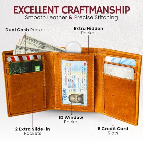 Image of BULL GUARD Trifold Wallet with RFID For Men, Genuine Real Leather - Top Grain Cowhide Tan, Durable & Compact Tri-Fold Design with Strong Stitching for Comfortable Pocket Fit, Secure Everyday Carry