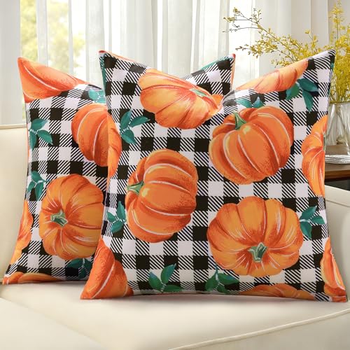 decorUhome Summer Orange Pumpkin Linen Decorative Throw Pillow Covers 16x16