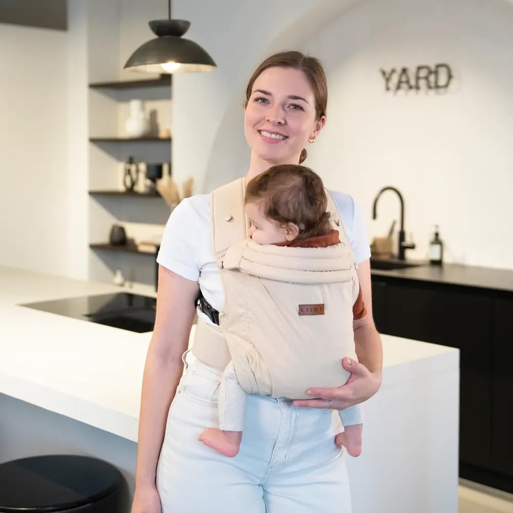 LIINI® Babytrage aus Leinen (Beige) – ab Geburt (3,5 kg) bis 15 kg, verstellbare Träger, Kopfstütze, Klickverschluss, ergonomisch & bequem – CE EN71-3 & SGS EN13209-2