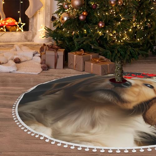 Jupe de sapin de Noël 121cm à pompons et imprimé chiot