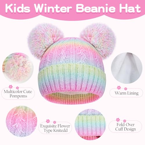 Kids' Winter Knit Beanie & Mittens Set, Fleece-Lined Warm Hat with Double Pom-Pom, Soft Knit Cap & Gloves for Girls & Boys3