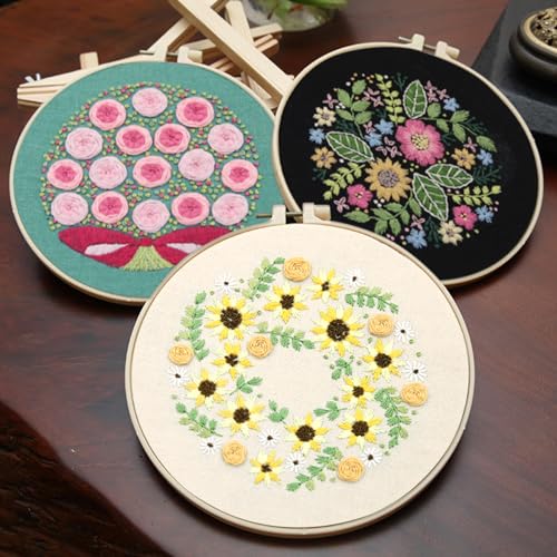 Image of XM-GENYUE 3 Sets Embroidery Stitch Practice kit for Beginners Adults, Flower Stitch Starter Kits Set for Adults with Embroidery Skill Techniques