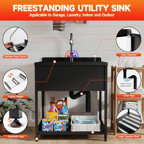 Image of Stainless Steel Utility Sink, 33.5 inch x 22 inch x 36.6 inchFreestanding Sink with Cold and Hot Water Faucet,Hoses and Drain Kit for Kitchens, Bathrooms, Garage, Laundry Room