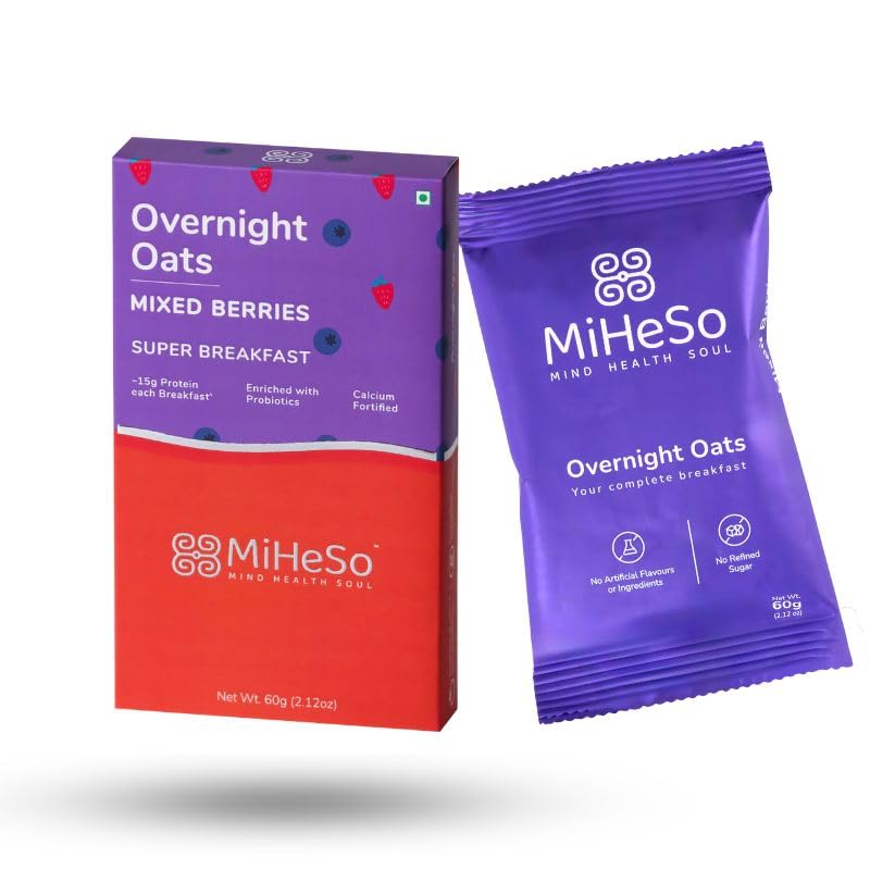MiHeSo Mind Health Soul Overnight Oats 60g | Wholegrain Premium Oats | No Preservatives| Loaded with Super Seeds | High Protein, Calcium and Fibre Content (Mixed Berries - Sampler)