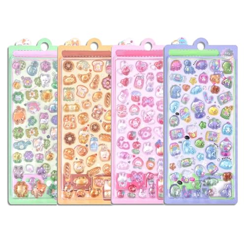 QUANTALY ぷくぷくシール 立体 可愛い キラキラ 4枚セット 約200点 ごほうびシール デコシール 貼り付け可能 手帳用 携帯電話飾り用 贈り物 手芸用品 DIY用 子供 大容量 (4枚セット)
