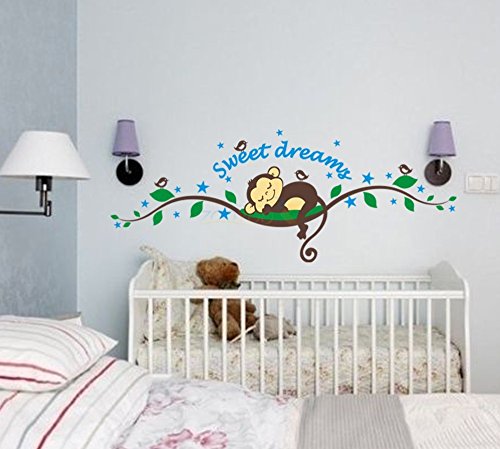 Asmi Collections PVC Wall Stickers Sweet Dreams Sleeping Monkey Birds