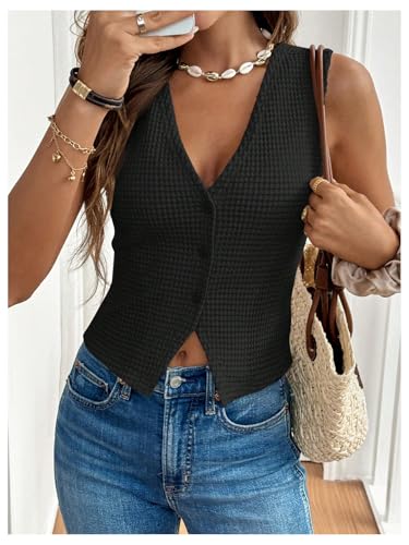 Image of GORGLITTER Women's Sleeveless Knit Sweater Vest Top Dressy Trendy Business Casual Button Up Work Blazer Vests Waistcoat Black Small
