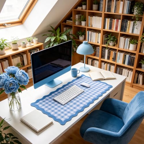 yuboo 31"×15.7" Scalloped Blue White Gingham Waterproof Pastel Desk Mat Vintage Rustic Cottagecore Aesthetic Desk Pad Desktop Keyboard Mouse Mat Office Decor Cubicle Work White Gaming Mouse Pad — view 6