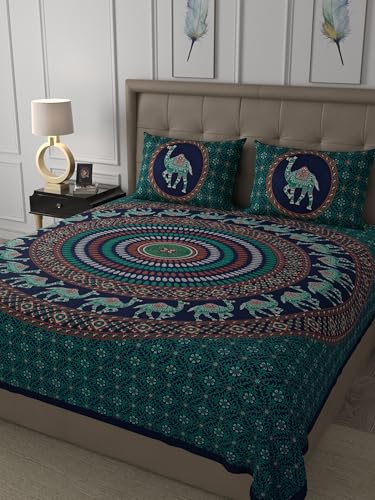 Image of JaipurFabric Cotton 180 TC Sanganeri Print Double Bedsheet with 2 Pillow Covers (90 inch X 108 inch), Green