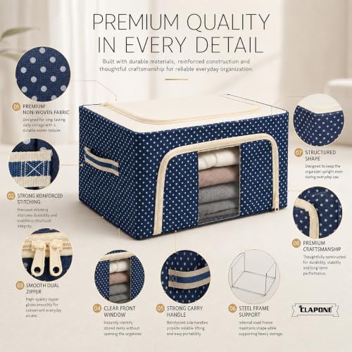 Image of CLAPONE Foldable Steel Frame Cloth Organizer Storage Box and Organiser /Wardrobe Organizer for Storage /almirah for Sarees /Shirts /Blankets /Clothes Storage Box (Blue, 66 Ltr - Pack of 2)