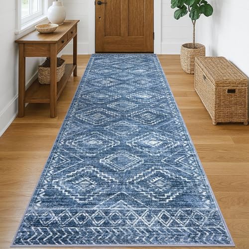 KILOCOCO Hallway Runner Rug 3x10 Runners for Hallways Washable Runner Rug Non Slip Rubber Backed Low-Pile Runners for Bedroom Kitchen Living Room Laundry Room Boho Rugs, Stonewashed Blue